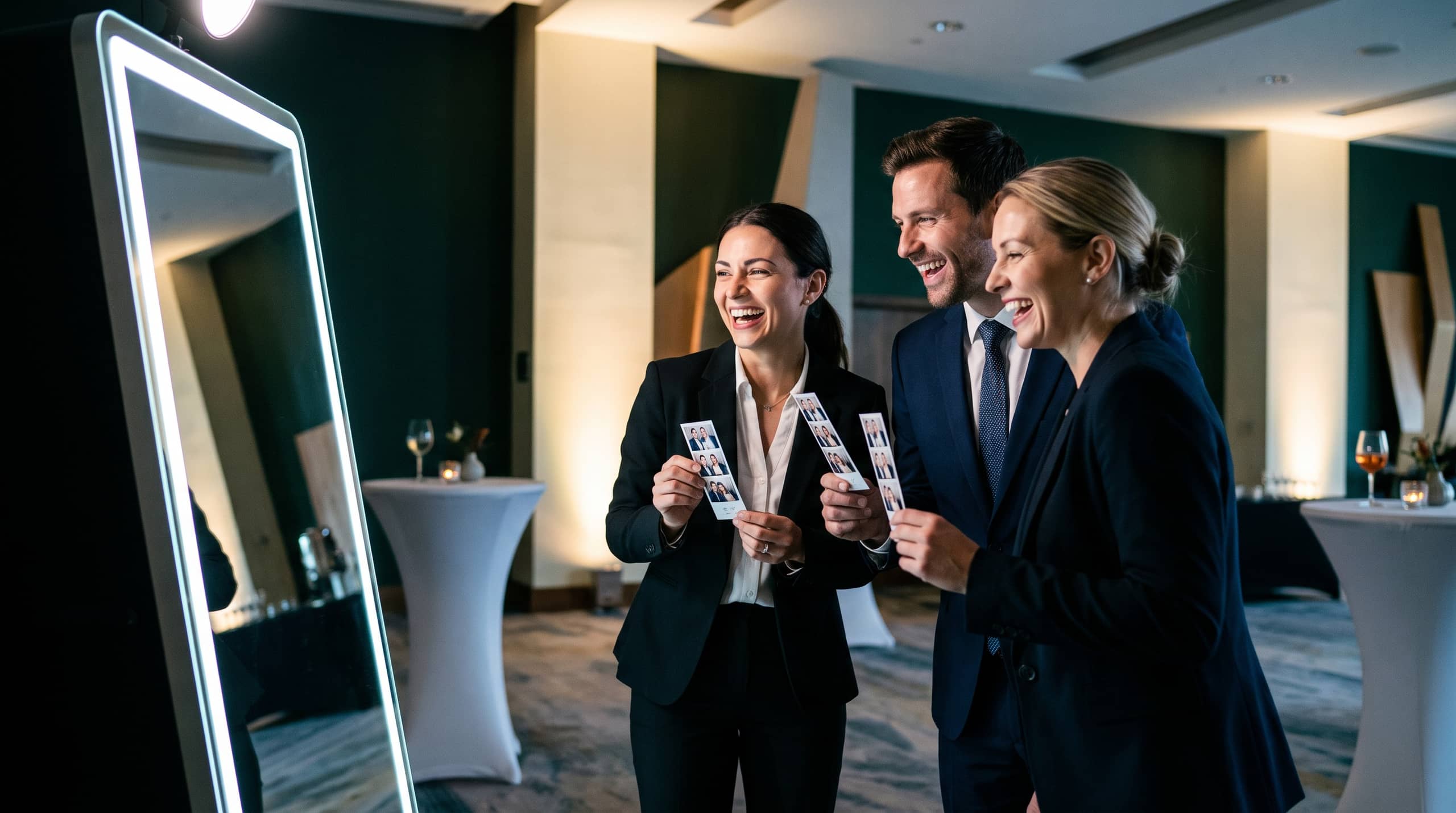 Colleagues in business dress laughing together in front of an illuminated mirror photo booth at a corporate drinks reception, holding printed photo strips