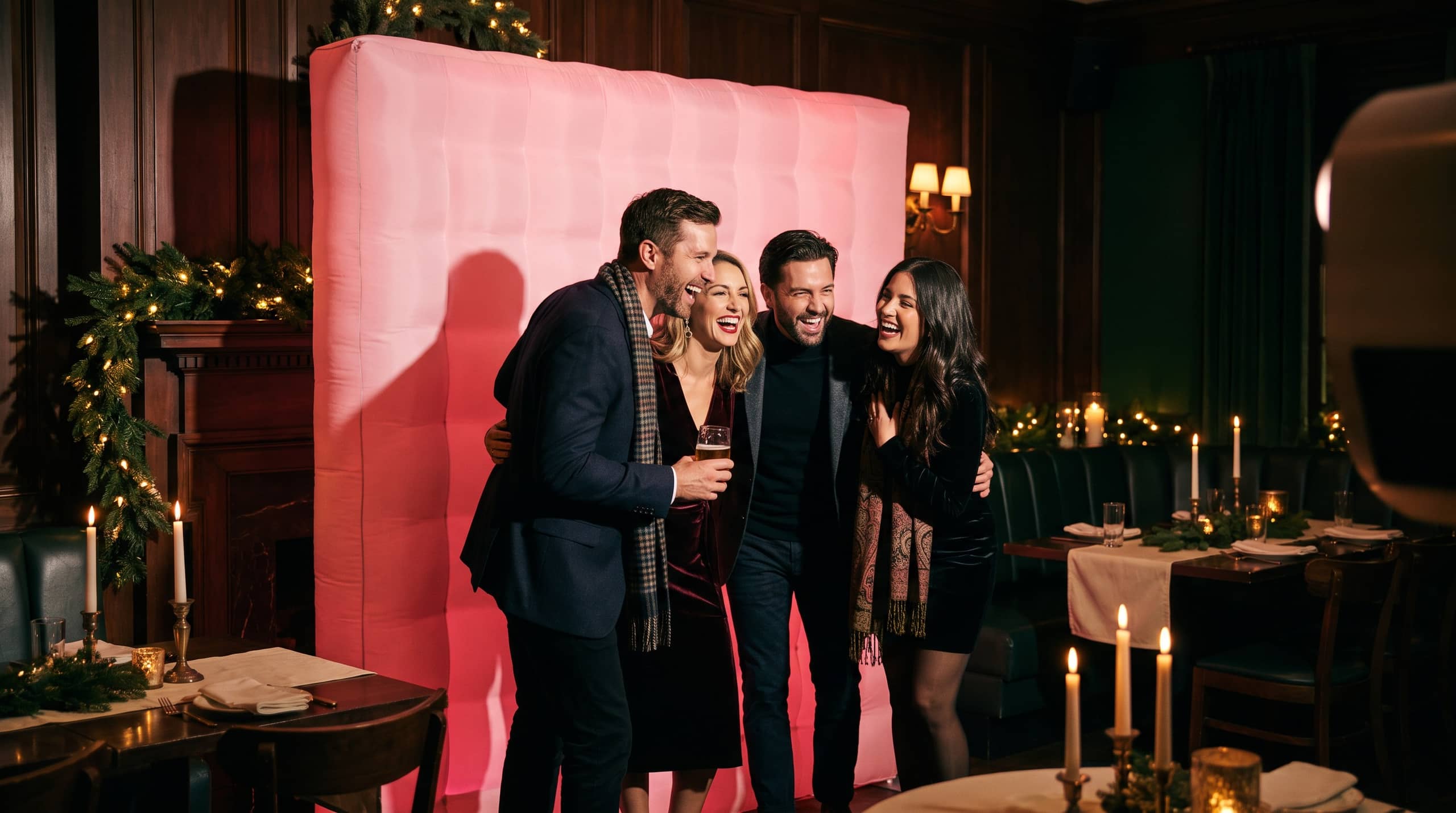 Four colleagues laughing in front of a glowing pink LED photo booth wall at a company holiday party in a warm candlelit restaurant room