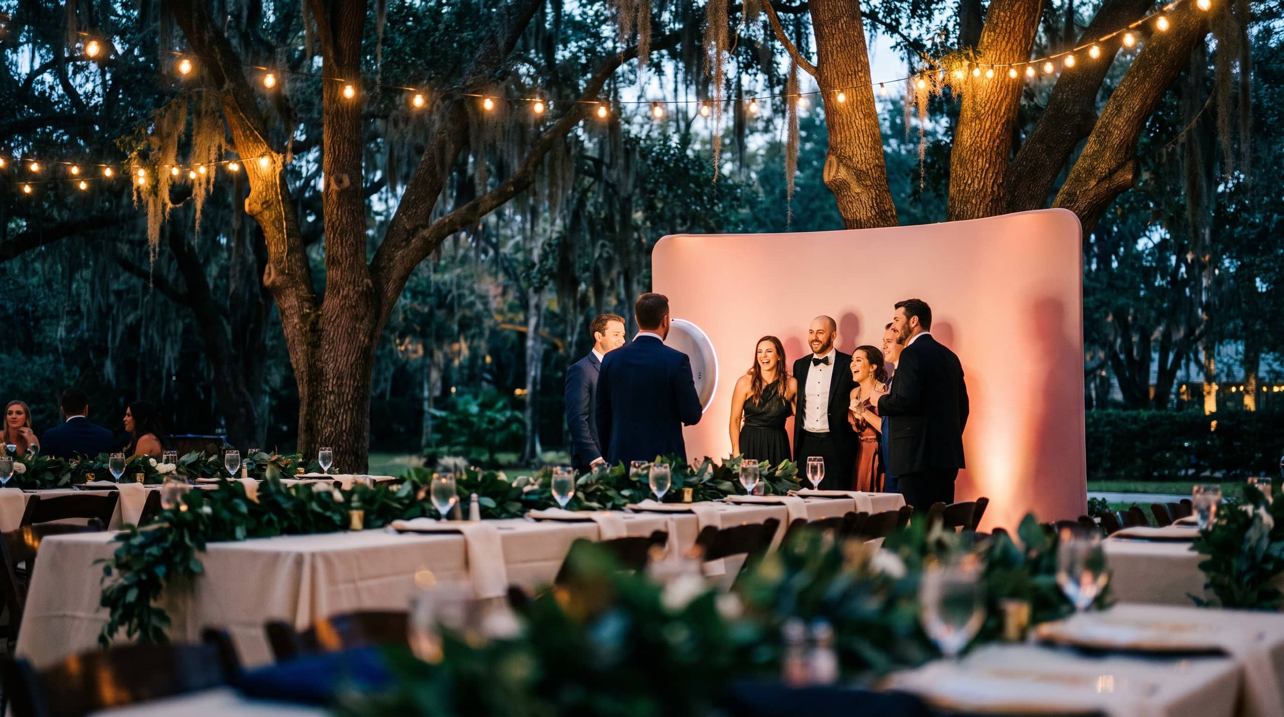 Wedding guests laughing together in front of a softly glowing photo booth backdrop at an outdoor Central Florida reception at dusk, under string lights and live oaks