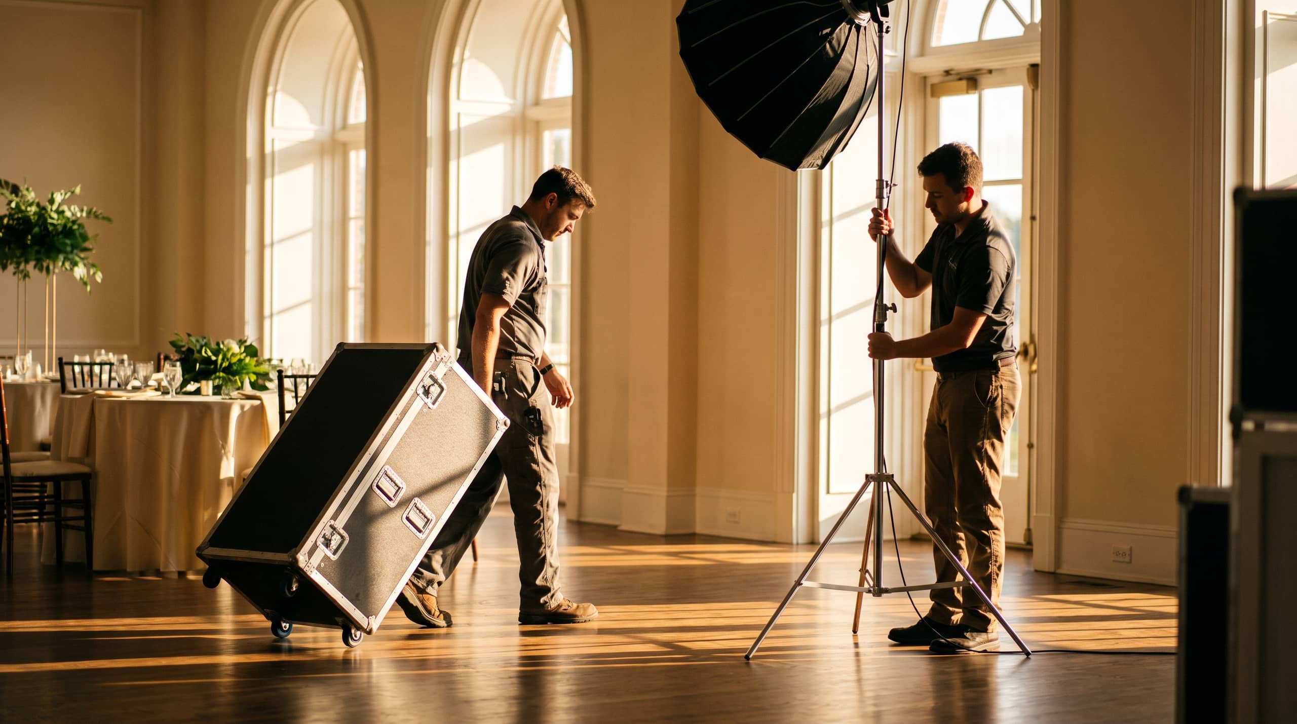 Two of the Booths and Such crew wheeling a flight case and raising a light stand in a sunlit reception hall before an event