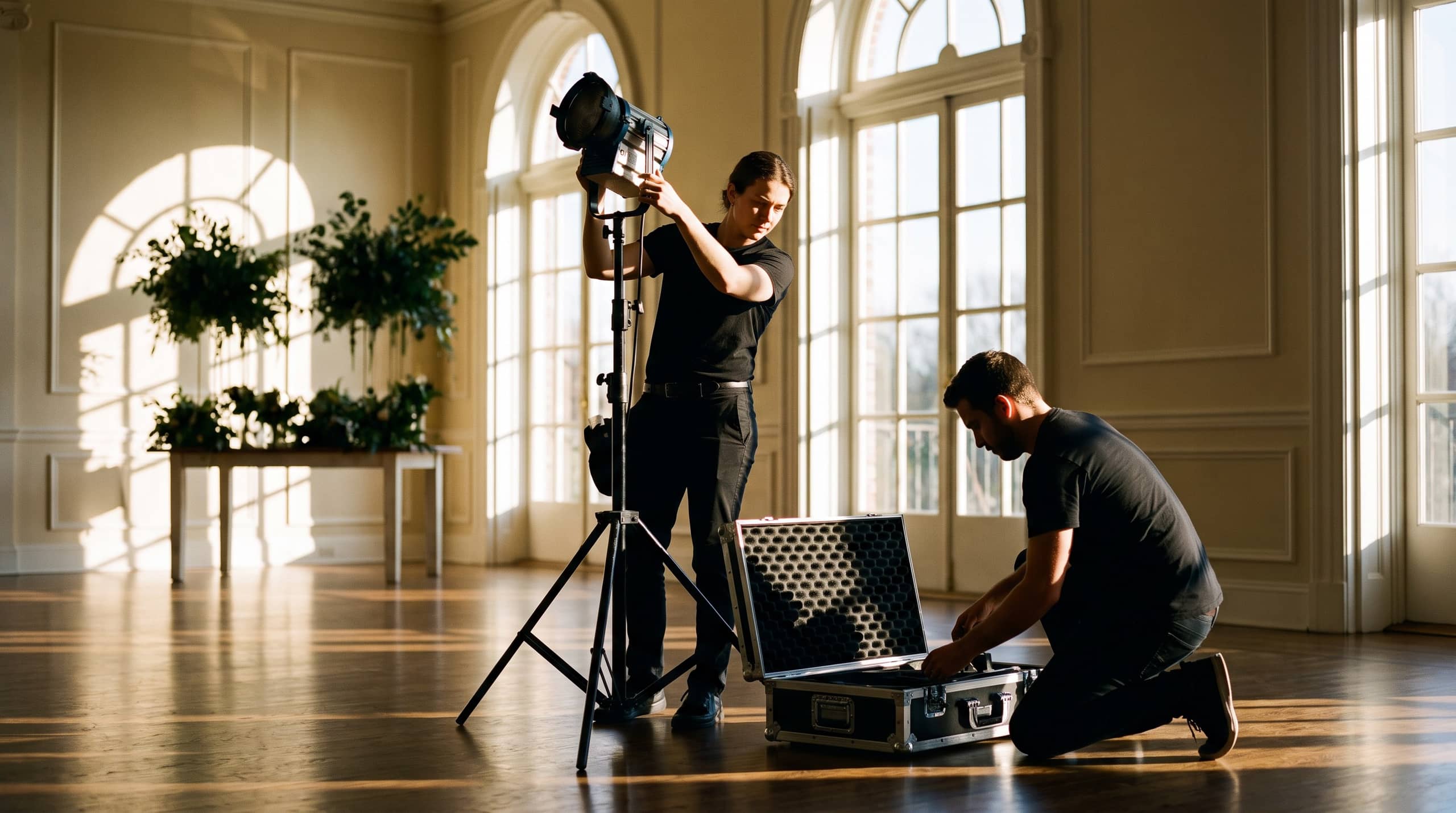Two members of the Booths and Such team setting up lighting and equipment in an empty reception hall in the afternoon before an event